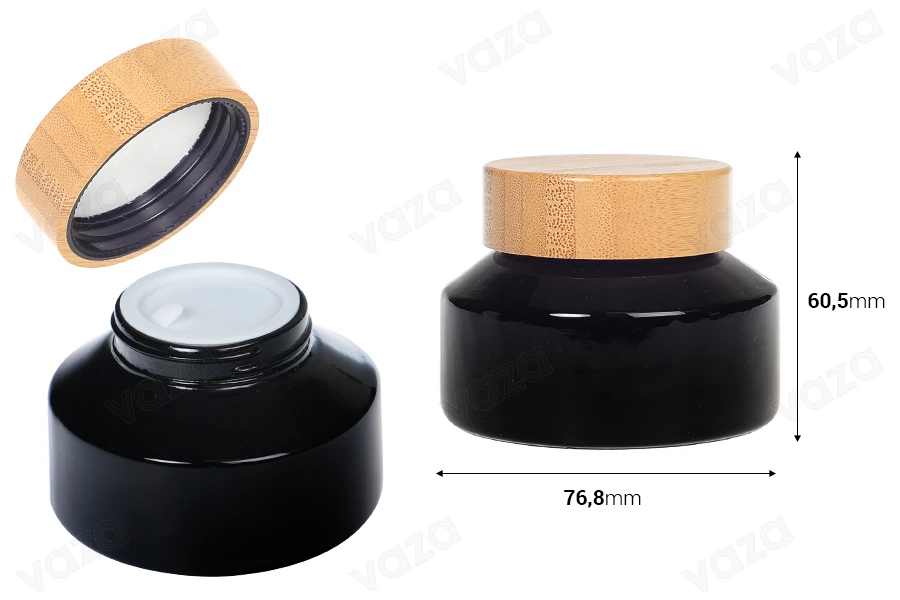 Barattolo di vetro per crema da 100 ml di colore nero con coperchio in bambù e sigillo in plastica-dimensioni_immagine
