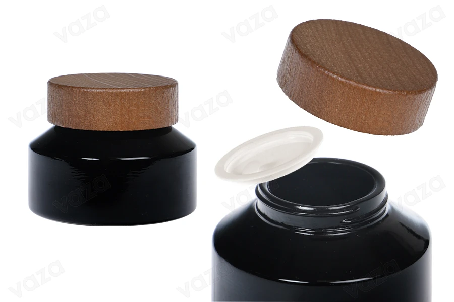 Glasdose für Creme 100ml in schwarzer Farbe mit Holzdeckel und Kunststoffverschluss-produktbild
