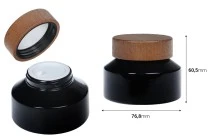 Glasdose für Creme 100ml in schwarzer Farbe mit Holzdeckel und Kunststoffverschluss