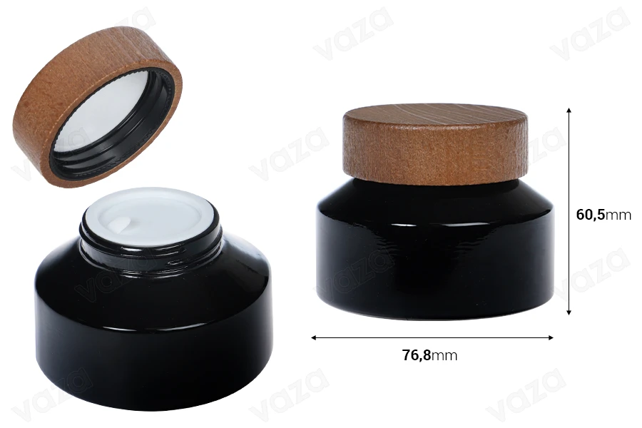 Glasdose für Creme 100ml in schwarzer Farbe mit Holzdeckel und Kunststoffverschluss-bildabmessungen