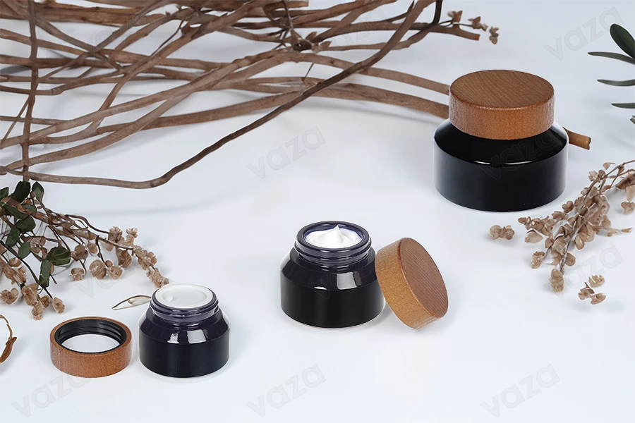 Glasdose für Creme 100ml in schwarzer Farbe mit Holzdeckel und Kunststoffverschluss-bildgruppe