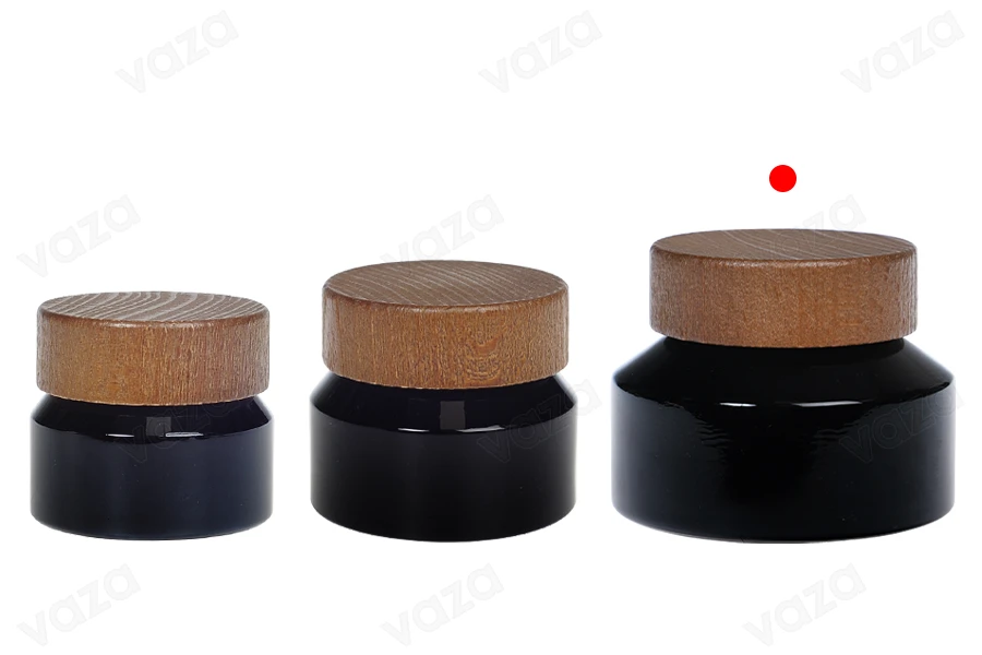 Glasdose für Creme 100ml in schwarzer Farbe mit Holzdeckel und Kunststoffverschluss-bildgruppe