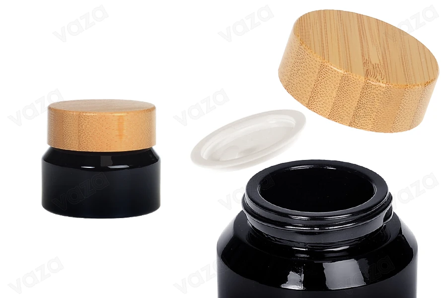 Barattolo di vetro per crema da 30 ml di colore nero con coperchio in bambù e sigillo in plastica-immagine_prodotto