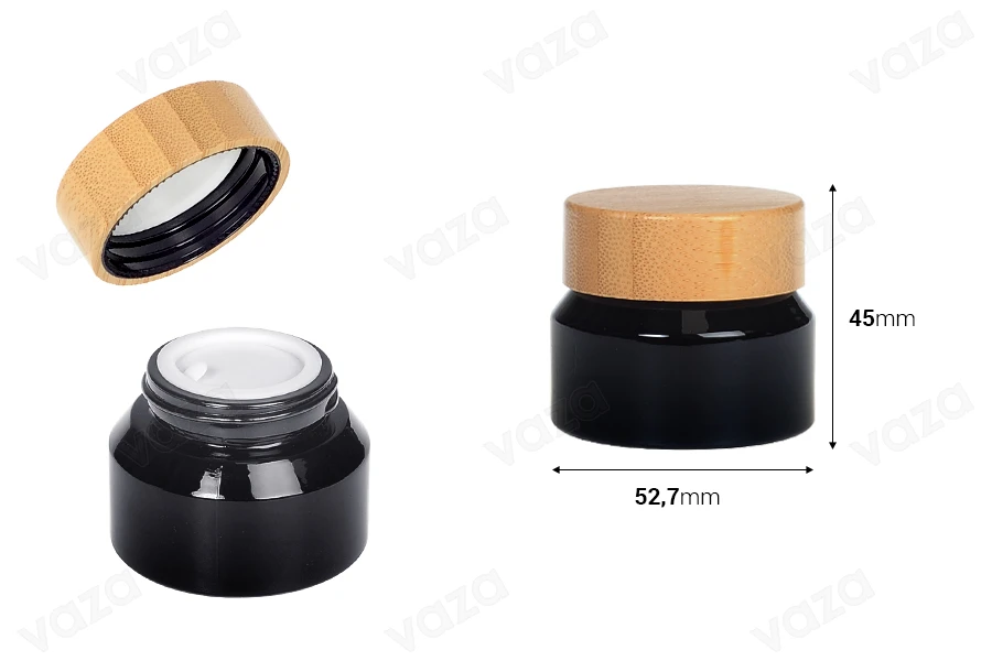 Barattolo di vetro per crema da 30 ml di colore nero con coperchio in bambù e sigillo in plastica-dimensioni_immagine