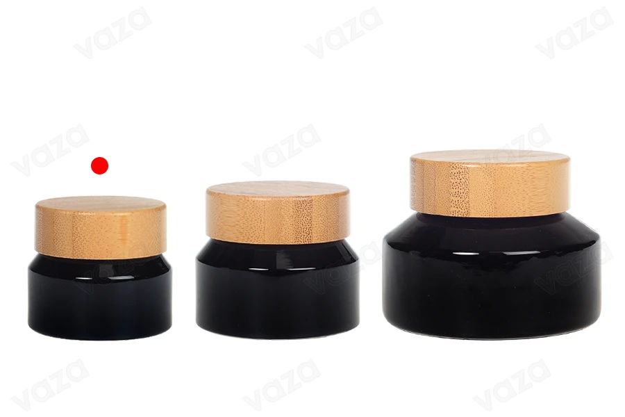 Barattolo di vetro per crema da 30 ml di colore nero con coperchio in bambù e sigillo in plastica-gruppo_immagini
