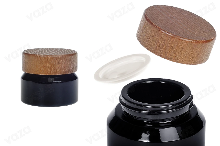 Barattolo in vetro per crema da 30 ml di colore nero con coperchio in legno e sigillo in plastica-immagine_prodotto