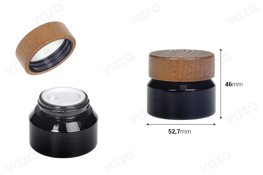 Barattolo in vetro per crema da 30 ml di colore nero con coperchio in legno e sigillo in plastica-dimensioni_immagine