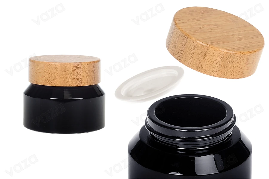 Glasbehälter für Creme 50ml in schwarzer Farbe mit Bambusdeckel und Kunststoffverschluss-produktbild