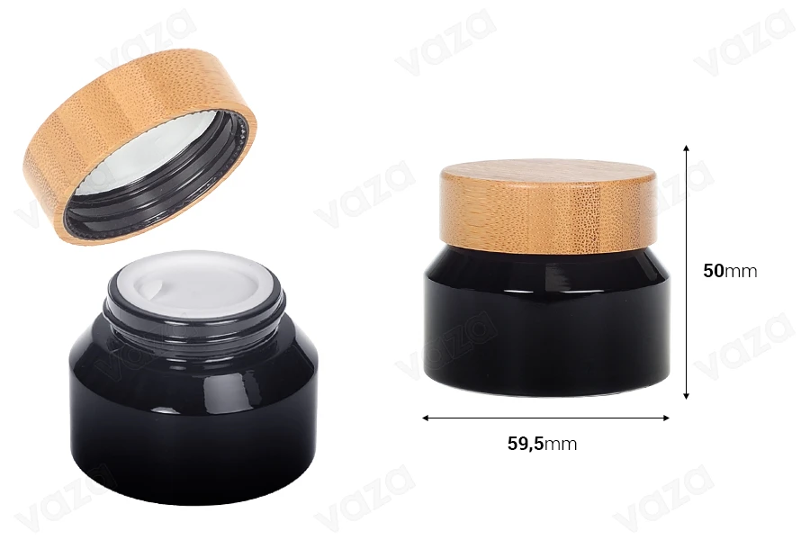 Glasbehälter für Creme 50ml in schwarzer Farbe mit Bambusdeckel und Kunststoffverschluss-bildabmessungen