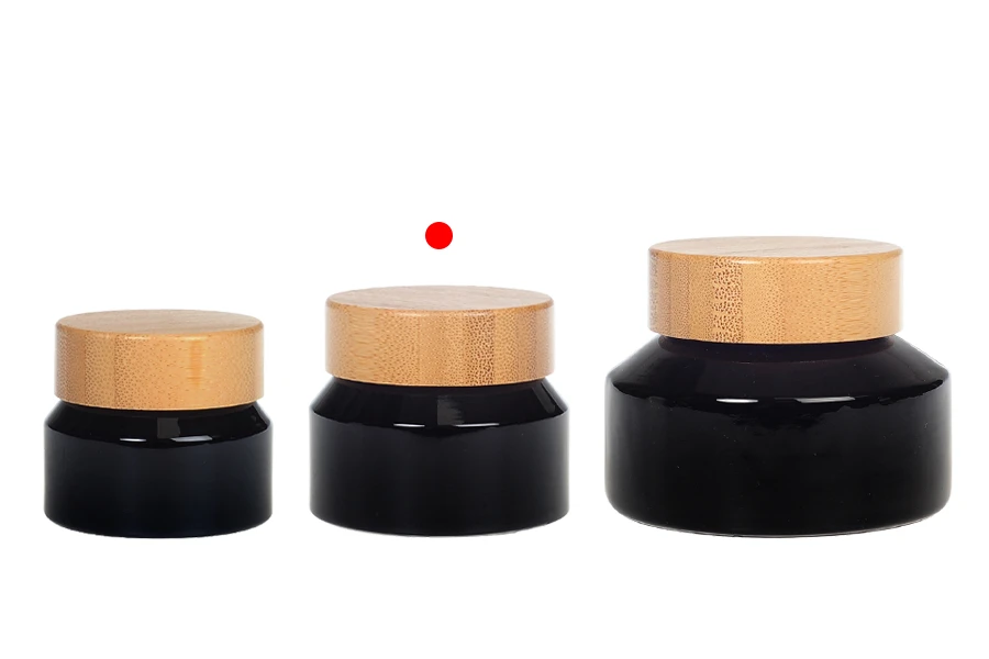 Βαζάκι γυάλινο για κρέμα 50 ml σε μαύρο χρώμα με bamboo καπάκι και πλαστικό παρέμβυσμα