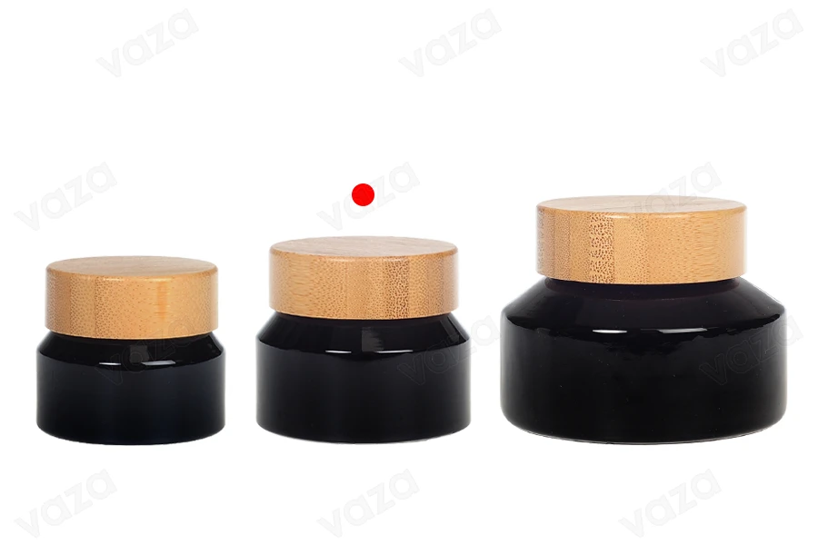 Glasbehälter für Creme 50ml in schwarzer Farbe mit Bambusdeckel und Kunststoffverschluss-bildgruppe