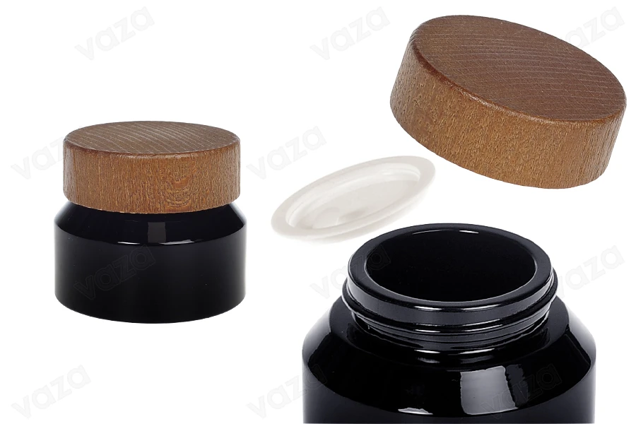 Barattolo in vetro per crema da 50 ml di colore nero con coperchio in legno e sigillo in plastica Barattolo in vetro per crema da 50 ml di colore nero con coperchio in legno e sigillo in plastica-immagine_prodotto