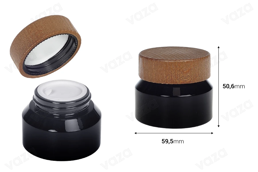 Barattolo in vetro per crema da 50 ml di colore nero con coperchio in legno e sigillo in plastica Barattolo in vetro per crema da 50 ml di colore nero con coperchio in legno e sigillo in plastica-dimensioni_immagine