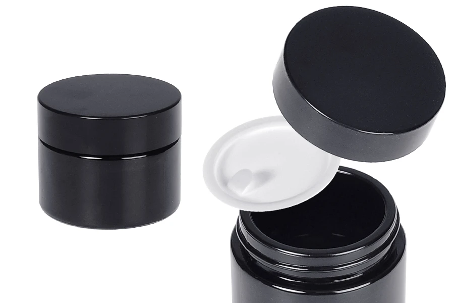 Βαζάκι για κρέμα γυάλινο 50 ml σε μαύρο χρώμα με καπάκι και πλαστικό παρέμβυσμα