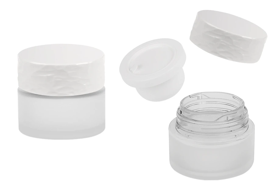 Barattolo in vetro ricaricabile da 50 ml con tappo in acrilico e guarnizione in plastica Barattolo in vetro ricaricabile da 50 ml con tappo in acrilico e guarnizione in plastica