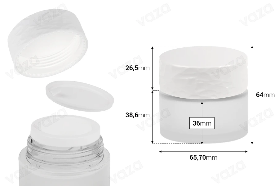 Γυάλινο επαναγεμιζόμενο βάζο αμμοβολής 50 ml με λευκό καπάκι και πλαστικό παρέμβυσμα Γυάλινο επαναγεμιζόμενο βάζο αμμοβολής 50 ml με λευκό καπάκι και πλαστικό παρέμβυσμα-εικόνα_διαστάσεις