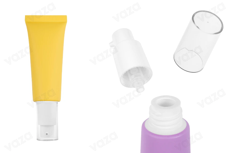 Σωληνάριο πλαστικό 30 ml σε διάφορα ματ χρώματα με λευκή αντλία και διάφανο καπάκι-εικόνα_προϊοντική