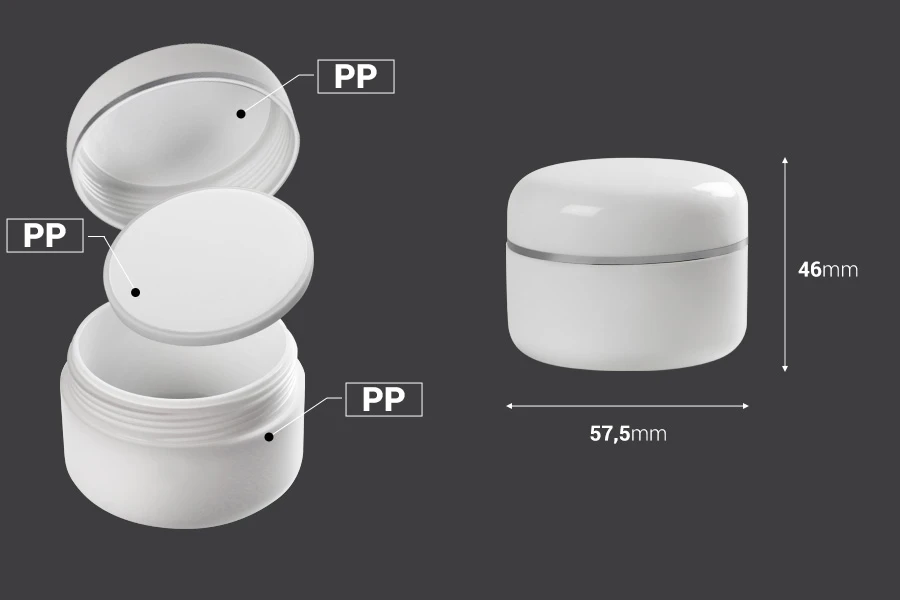50ml double wall plastic cream jar with sealing disc and silver stripe on the cap – available in a package with 12 pcs