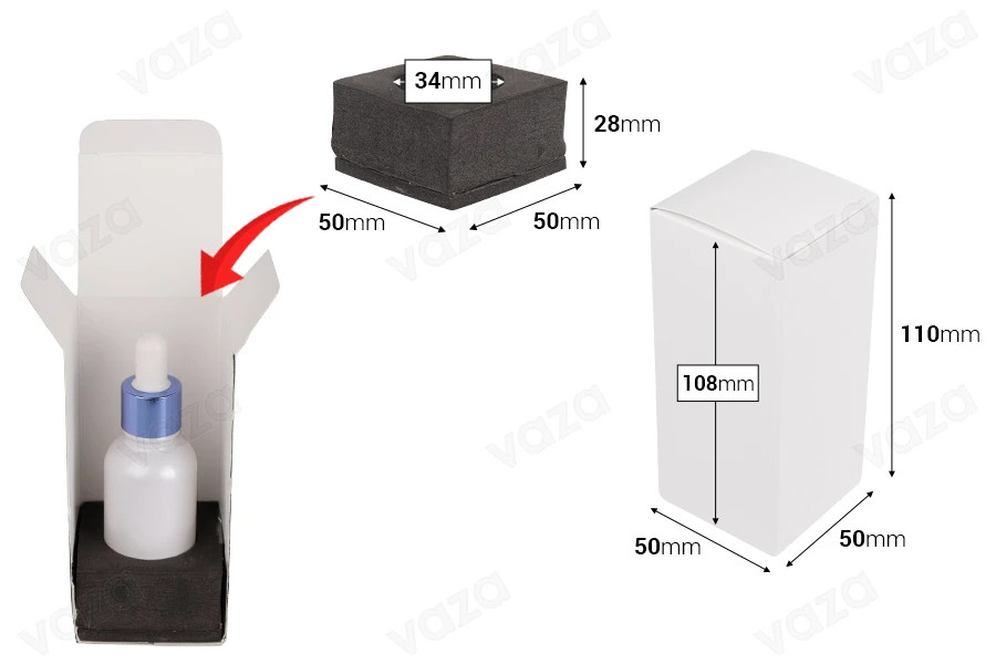 Kuti paketimi letre 50x50x110  mm me xhep te brendshem foam per shishet e vajrave esenciale 30 ml - 20 cope             -imazh_dimensione