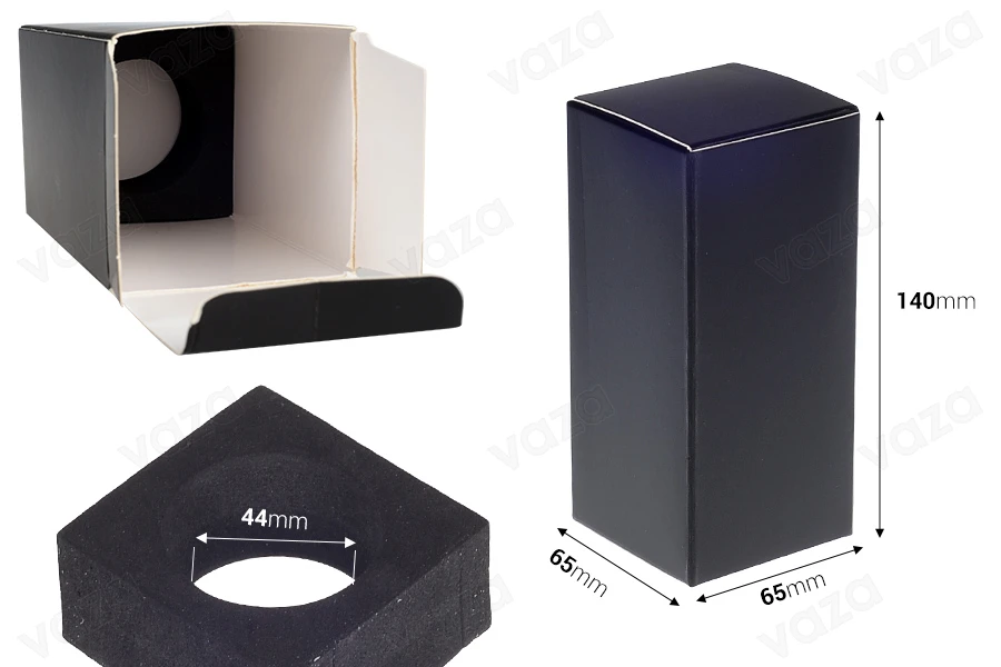 Verpackungsbox (500 g) 65 x 65 x 140 mm in der Farbe Schwarz matt mit Innenschaumboden für Flaschen mit einem Durchmesser von 44 mm – 20 Stück-bildabmessungen