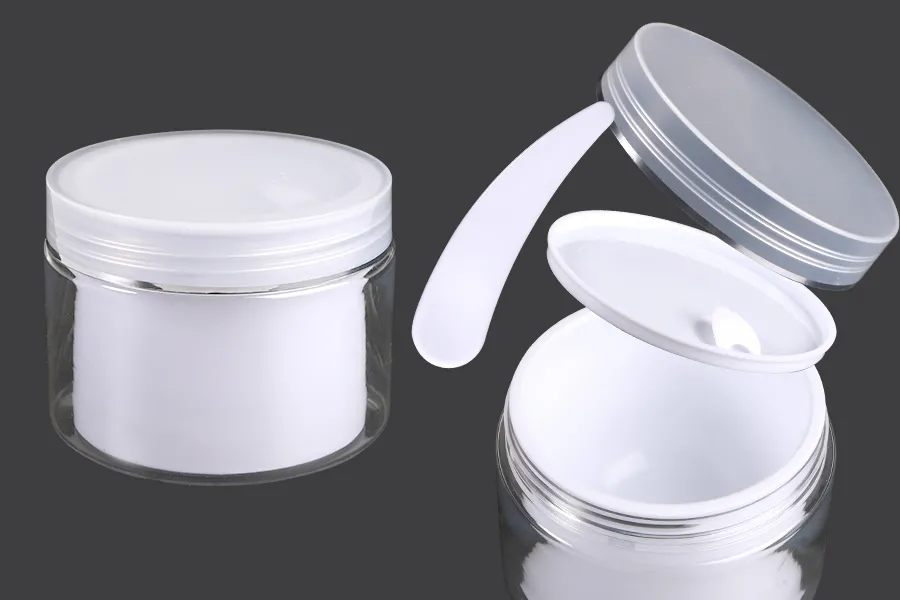 Pot à crème à deux pieds 200 ml en plastique avec couvercle, joint en plastique et spatule - 6 pcs Pot à crème à deux pieds 200 ml en plastique avec couvercle, joint en plastique et spatule - 6 pcs
