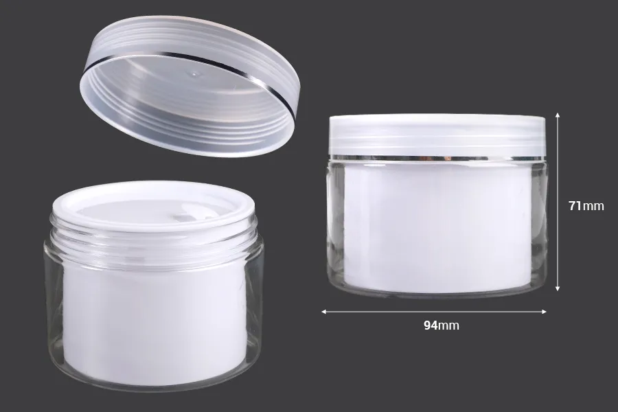 Pot à crème à deux pieds 200 ml en plastique avec couvercle, joint en plastique et spatule - 6 pcs Pot à crème à deux pieds 200 ml en plastique avec couvercle, joint en plastique et spatule - 6 pcs