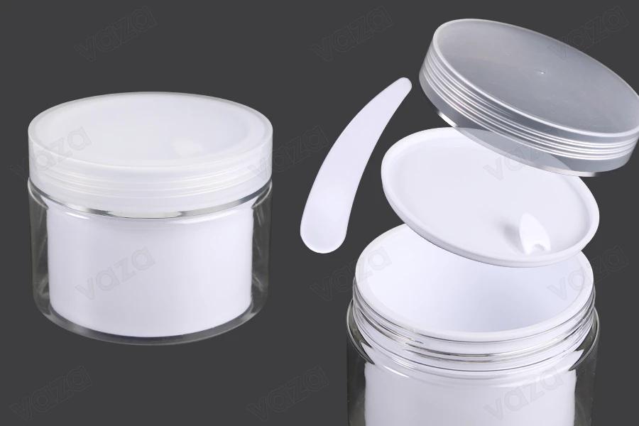 Vazo kremi me dy ndarje 250 ml plastik me kapak, tapë plastike dhe spatul - 6 copë Vazo kremi me dy ndarje 250 ml plastik me kapak, tapë plastike dhe spatul - 6 copë-εικόνα_προϊοντική