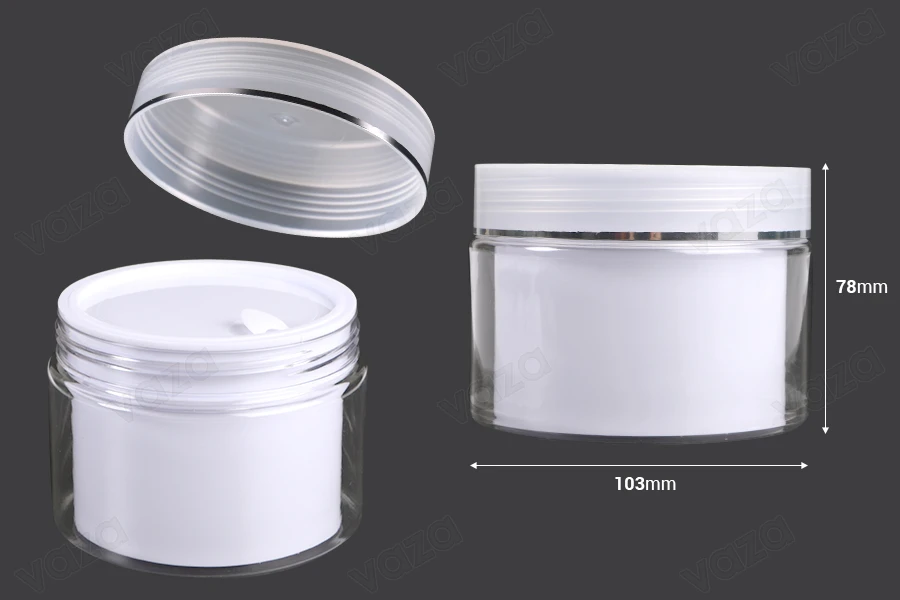 Vazo kremi me dy ndarje 250 ml plastik me kapak, tapë plastike dhe spatul - 6 copë Vazo kremi me dy ndarje 250 ml plastik me kapak, tapë plastike dhe spatul - 6 copë-εικόνα_διαστάσεις