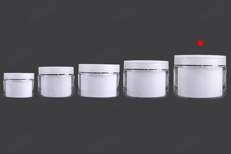 Vazo kremi me dy ndarje 250 ml plastik me kapak, tapë plastike dhe spatul - 6 copë Vazo kremi me dy ndarje 250 ml plastik me kapak, tapë plastike dhe spatul - 6 copë-εικόνα_σύνθεση