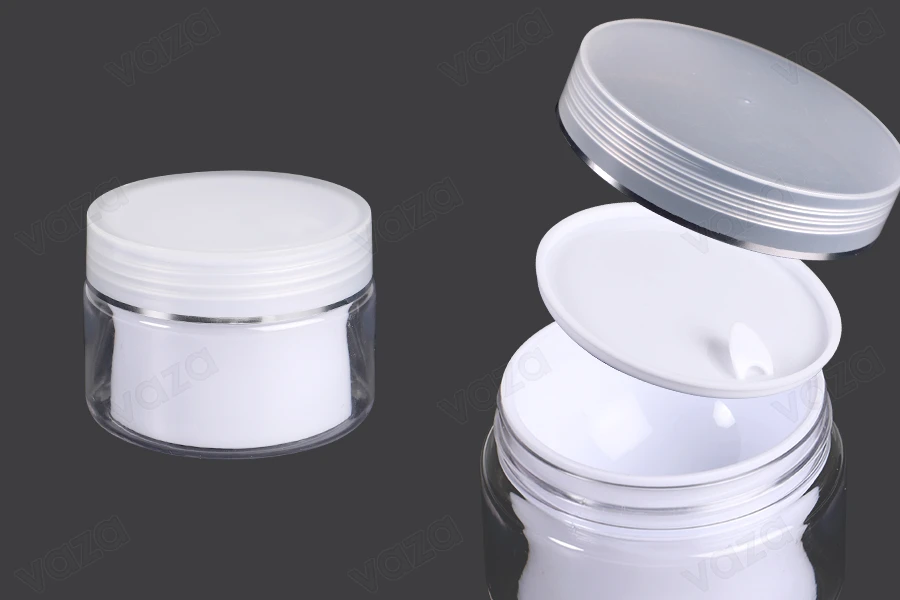 Vazo kremi me dy ndarje 50 ml plastik me kapak, tapë plastike dhe spatul - 6 copë-imazh_produkt