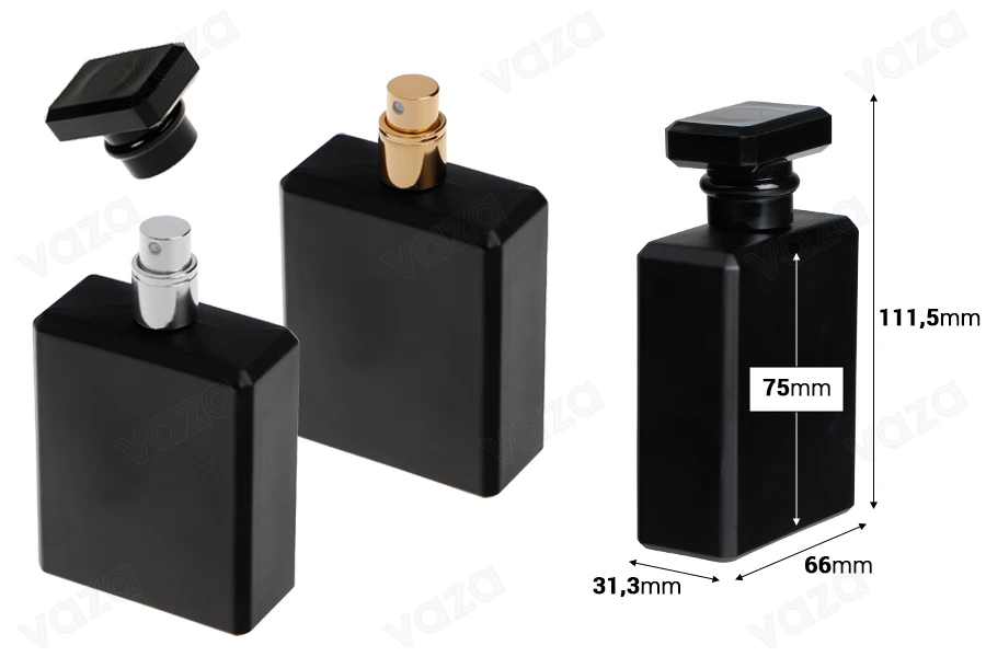 Flacon de parfum en verre de 100 ml de couleur noire avec vaporisateur et bouchon-photo_dimensions
