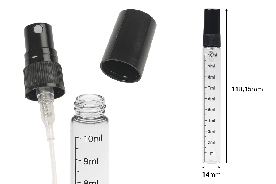 Clear glass bottle 10 ml with graduation, plastic spray and cap - 6 pcs