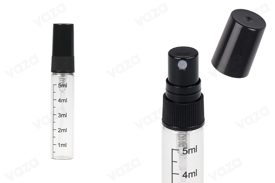 Clear glass bottle 5 ml with graduation, plastic spray and cap - 6 pcs Clear glass bottle 5 ml with graduation, plastic spray and cap - 6 pcs-image_product
