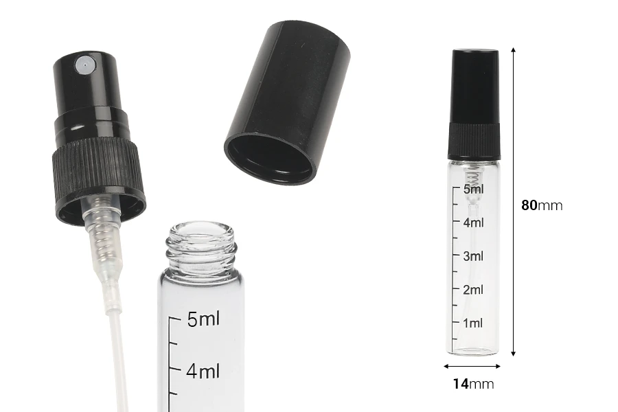 Γυάλινο διάφανο μπουκαλάκι 5 ml με διαβάθμιση, πλαστικό σπρέι και καπάκι - 6 τμχ Γυάλινο διάφανο μπουκαλάκι 5 ml με διαβάθμιση, πλαστικό σπρέι και καπάκι - 6 τμχ