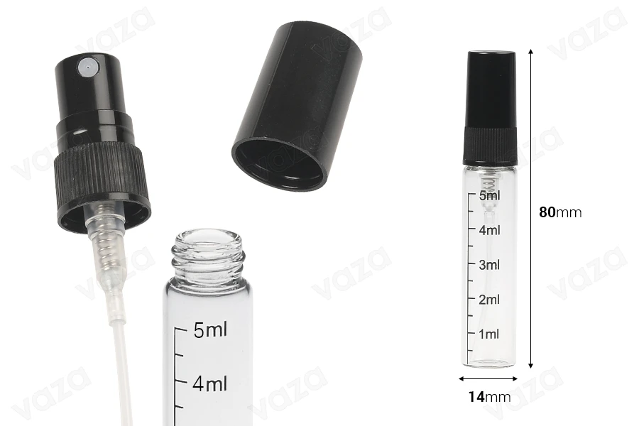 Clear glass bottle 5 ml with graduation, plastic spray and cap - 6 pcs Clear glass bottle 5 ml with graduation, plastic spray and cap - 6 pcs-image_dimensions
