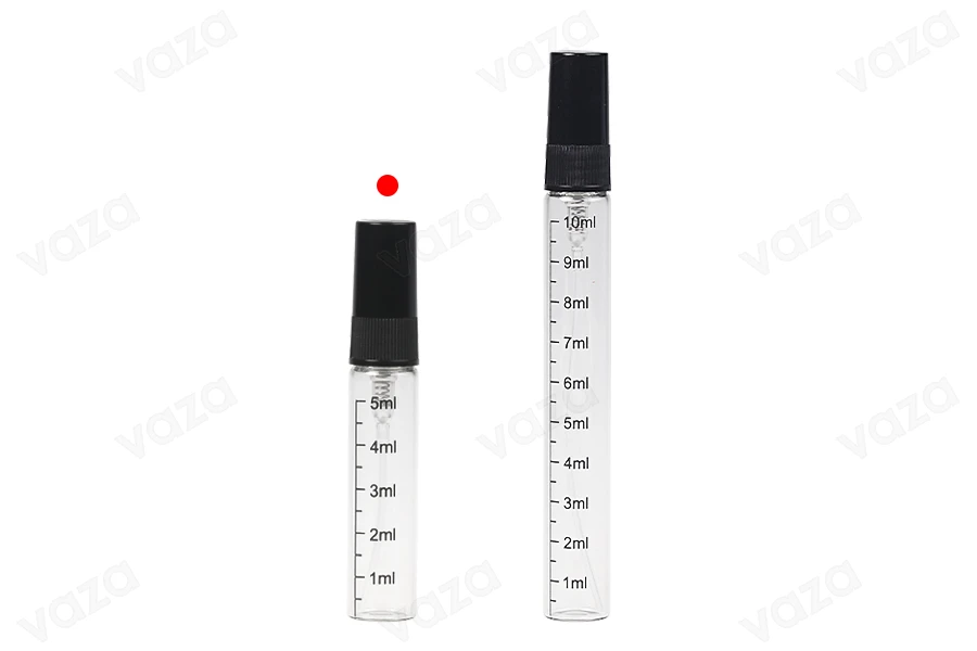 Clear glass bottle 5 ml with graduation, plastic spray and cap - 6 pcs Clear glass bottle 5 ml with graduation, plastic spray and cap - 6 pcs-image_group