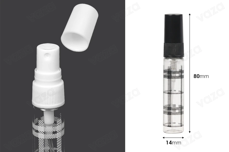 Glass bottle 5 ml with plastic spray and cap - 6 pcs Glass bottle 5 ml with plastic spray and cap - 6 pcs-image_dimensions
