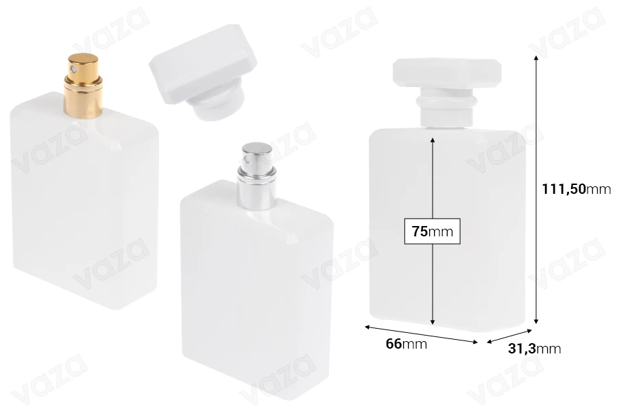 Flacone per profumo in vetro da 100 ml di colore bianco con spray e tappo-dimensioni_immagine