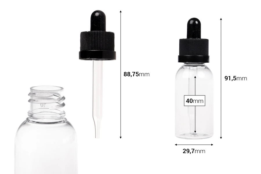 Πλαστικό (PET) διάφανο μπουκαλάκι 30 ml με μαύρο σταγονόμετρο με ασφάλεια CRC - 12 τμχ