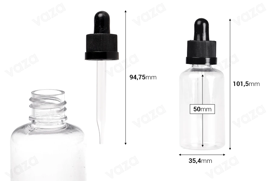 50 ml plastic (PET) transparent bottle with black dropper CRC - 12 pcs 50 ml plastic (PET) transparent bottle with black dropper CRC - 12 pcs-image_dimensions