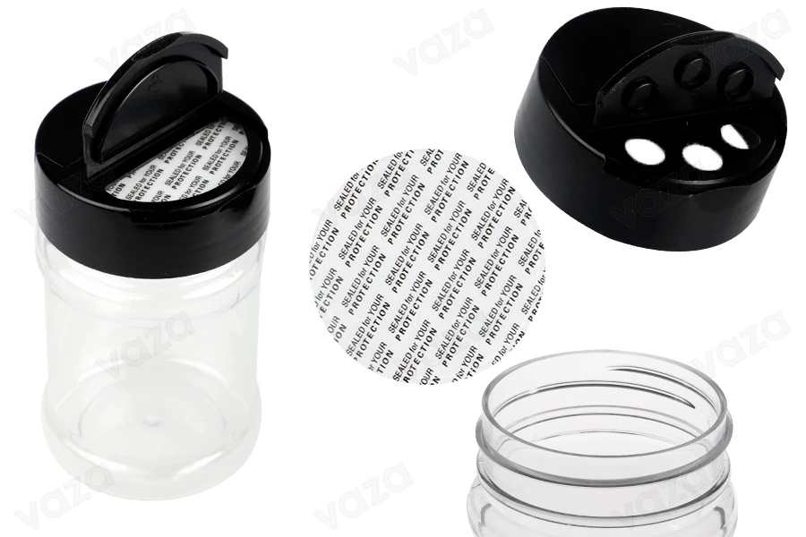 Διάφανο πλαστικό (PET) βαζάκι 150 ml με μαύρο καπάκι και εσωτερικό παρέμβυσμα (PE) για μπαχαρικά - 6 τμχ-εικόνα_προϊοντική