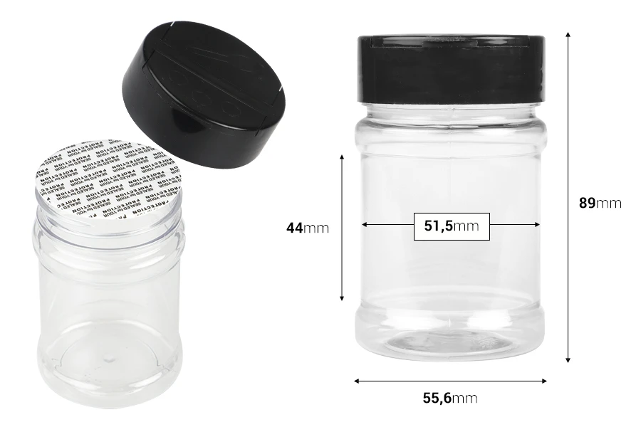 Διάφανο πλαστικό (PET) βαζάκι 150 ml με μαύρο καπάκι και εσωτερικό παρέμβυσμα (PE) για μπαχαρικά - 6 τμχ