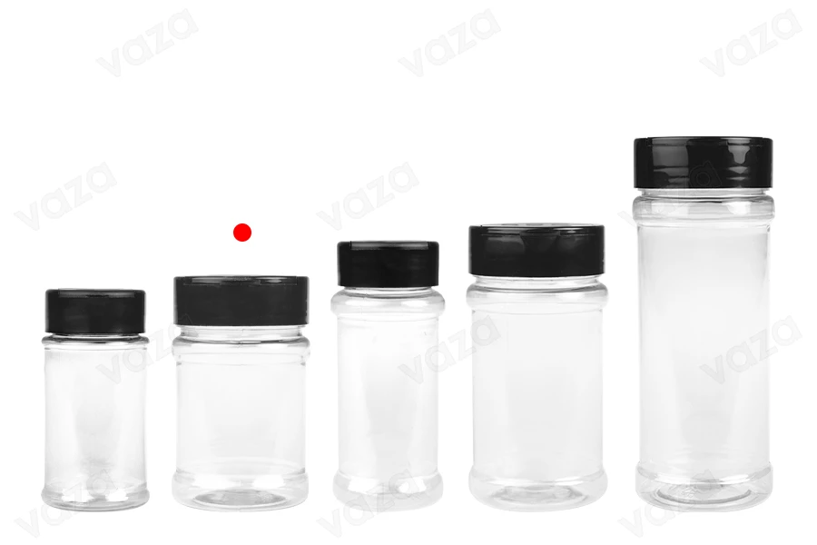 Διάφανο πλαστικό (PET) βαζάκι 150 ml με μαύρο καπάκι και εσωτερικό παρέμβυσμα (PE) για μπαχαρικά - 6 τμχ-εικόνα_σύνθεση