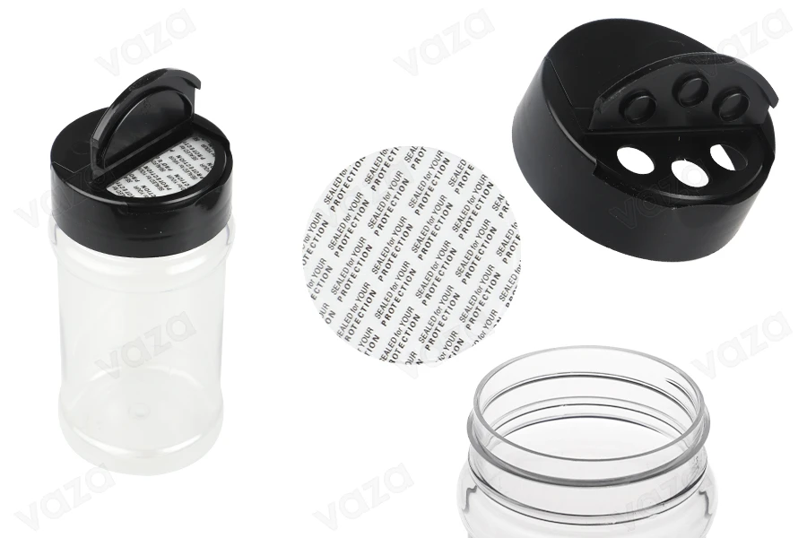 Διάφανο πλαστικό (PET) βαζάκι 170 ml με μαύρο καπάκι και εσωτερικό παρέμβυσμα (PE) για μπαχαρικά - 6 τμχ-εικόνα_προϊοντική