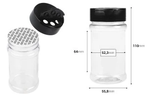 Barattolo per spezie in plastica trasparente (PET) (52x109 mm) 170 ml con coperchio nero e sigillo interno (PE)-2