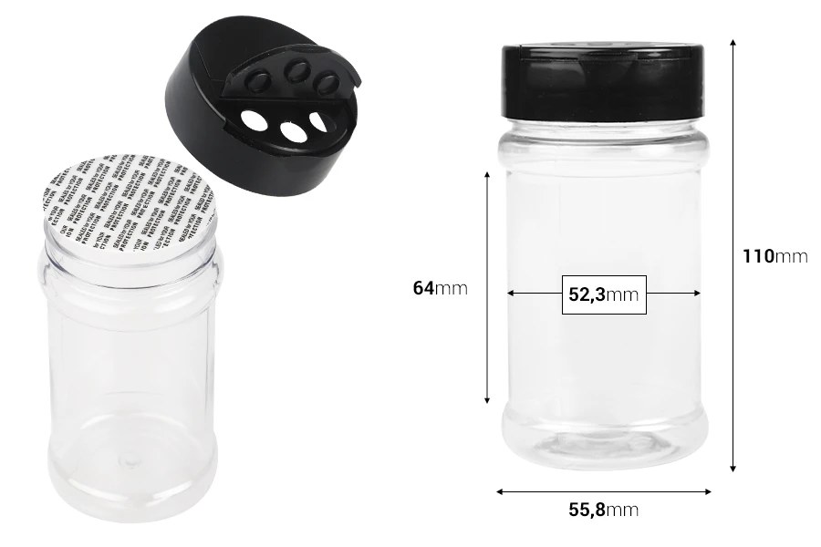 Διάφανο πλαστικό (PET) βαζάκι 170 ml με μαύρο καπάκι και εσωτερικό παρέμβυσμα (PE) για μπαχαρικά - 6 τμχ