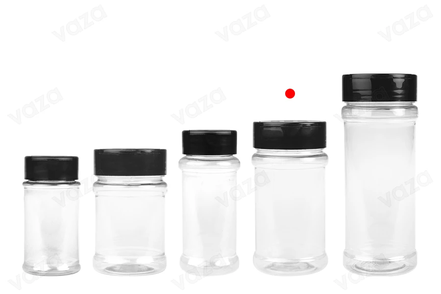 Διάφανο πλαστικό (PET) βαζάκι 170 ml με μαύρο καπάκι και εσωτερικό παρέμβυσμα (PE) για μπαχαρικά - 6 τμχ-εικόνα_σύνθεση
