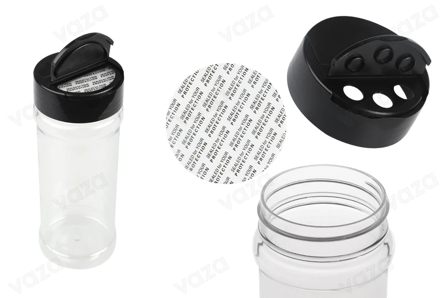 Διάφανο πλαστικό (PET) βαζάκι 250 ml με μαύρο καπάκι και εσωτερικό παρέμβυσμα (PE) για μπαχαρικά - 6 τμχ-εικόνα_προϊοντική
