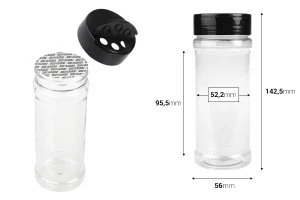 Barattolo per spezie in plastica trasparente (PET) (52x143 mm) 250 ml con coperchio nero e sigillo interno (PE)-2