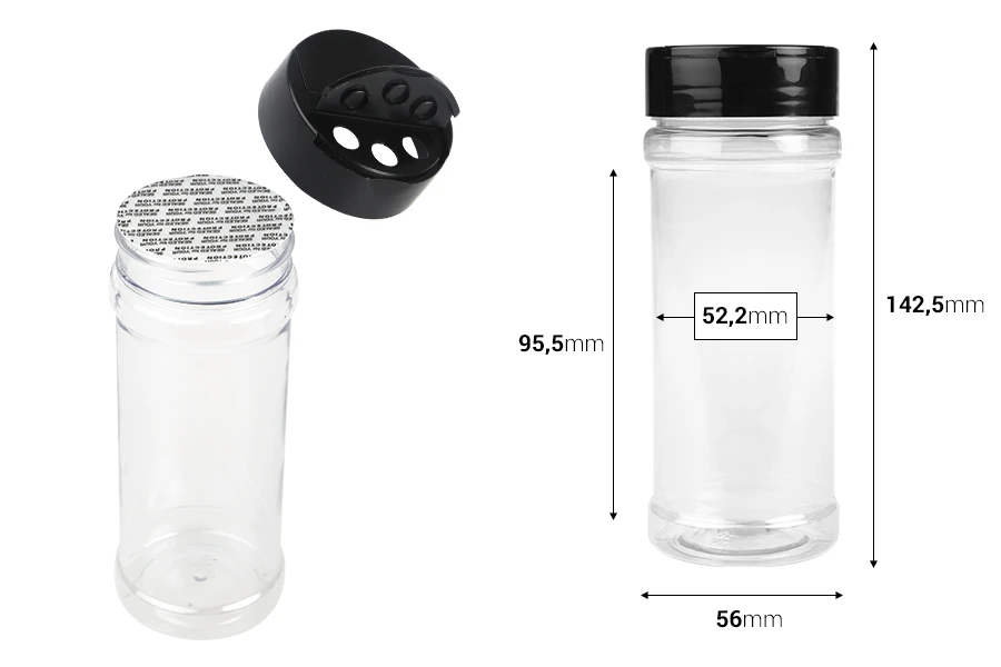 Διάφανο πλαστικό (PET) βαζάκι 250 ml με μαύρο καπάκι και εσωτερικό παρέμβυσμα (PE) για μπαχαρικά - 6 τμχ